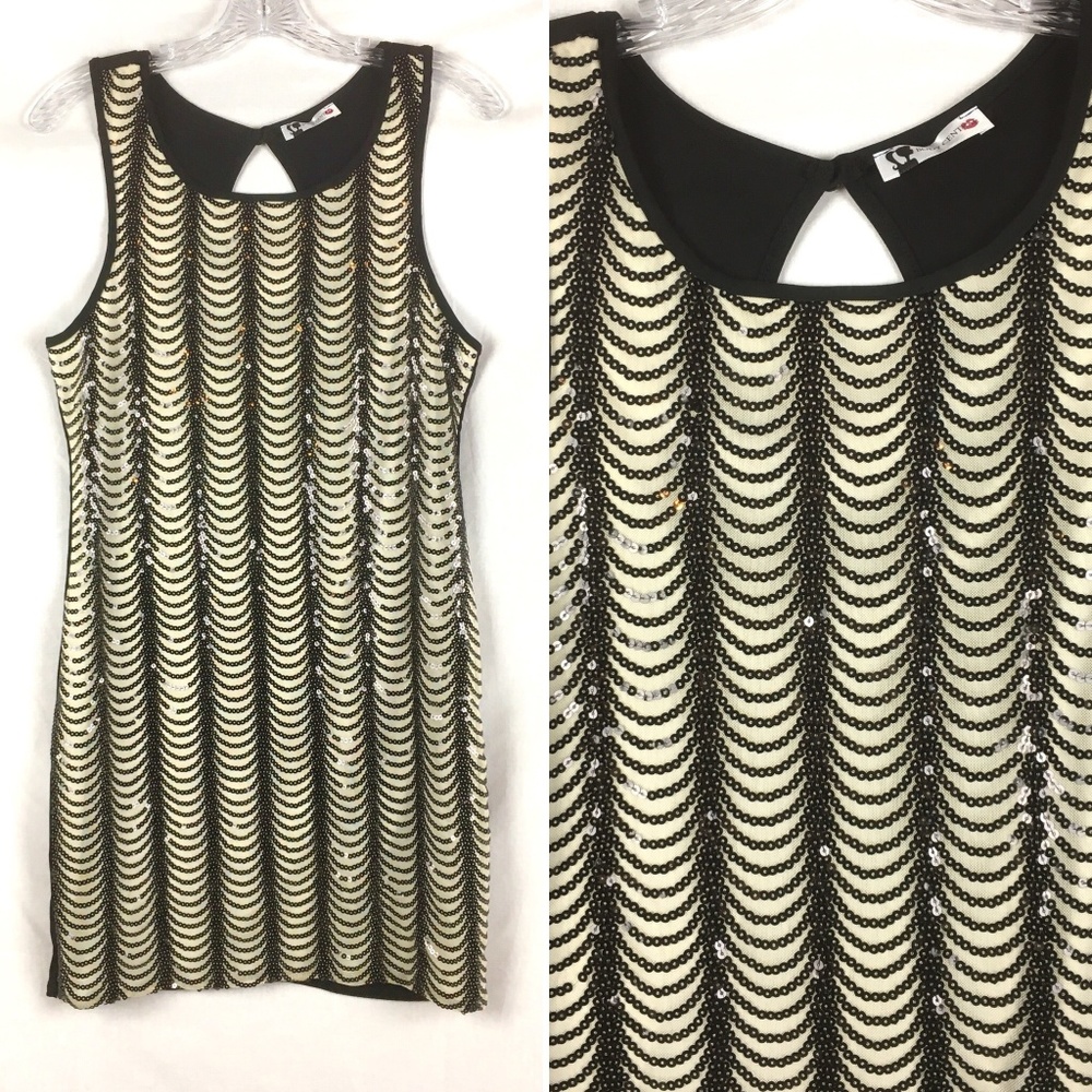 32 - Body Central Black Sequin Nude Sheath Dress Sz L